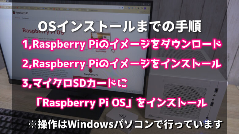 OSインストール順番1,WindowsパソコンにRaspberry Piのイメージをインストール2,Windowsniにインストールしたイメージを実行→マイクロSDカードにRaspberry Pi OSインストール3,マイクロSDカードをRaspberry Pi本体に差し込む